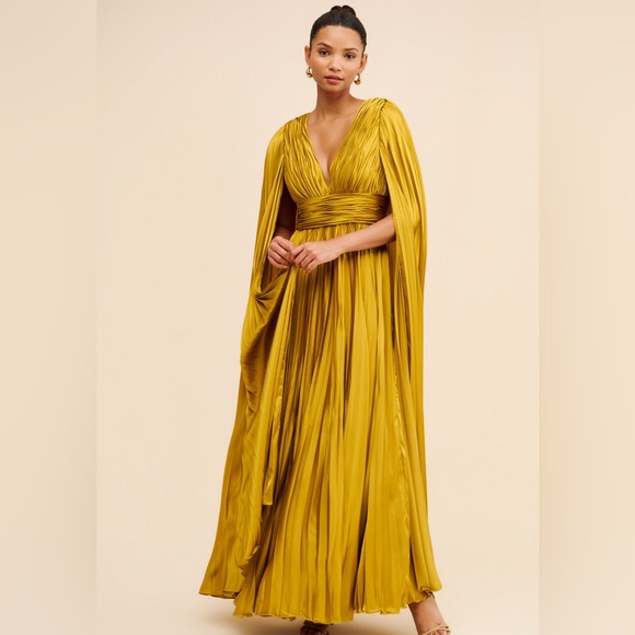 MAC DUGGAL Pleated Charmeuse V Neck Gown With Cape In Chartreuse NWT $598 SZ 8 - Picture 4 of 16